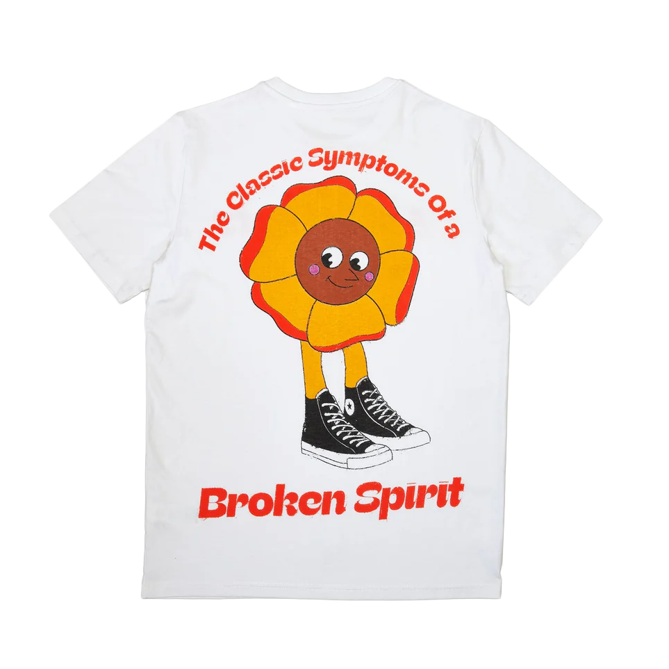 White short-sleeve unisex t-shirt with Architects "The Classic symptoms of a Broken Spirit"  Rubberhose flower print across the back