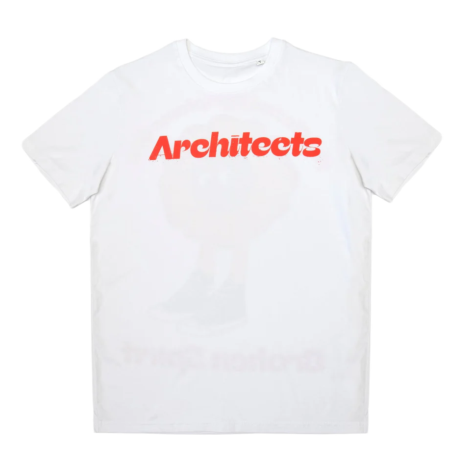 White short-sleeve unisex t-shirt with 
a red Architects logo print across the front