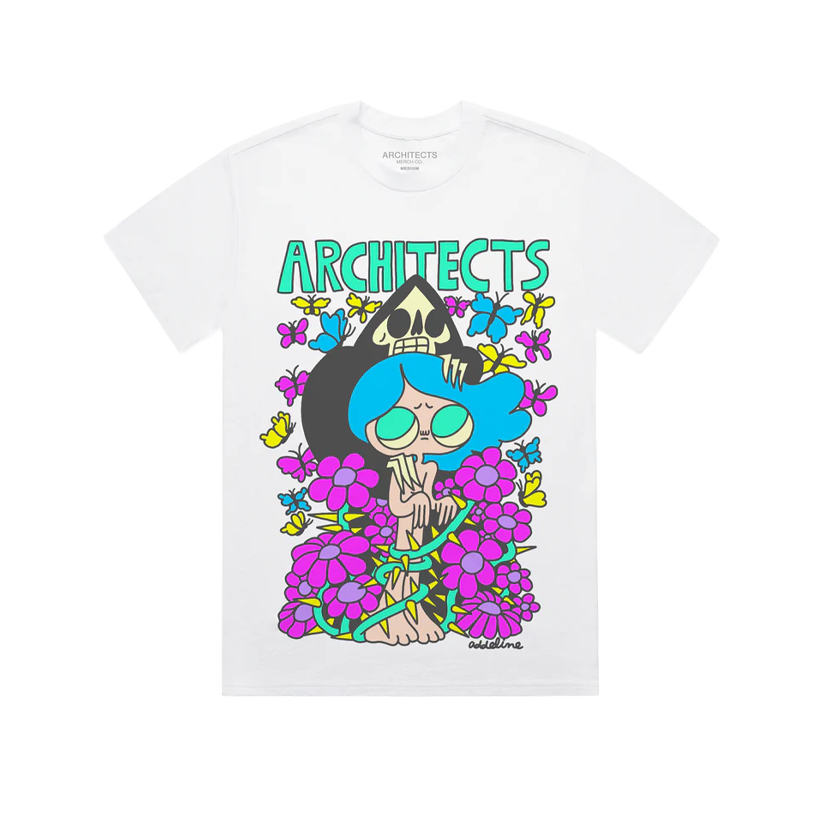 Kids white short-sleeve T-shirt with colourful Architects Butterfly Reaper print across the front