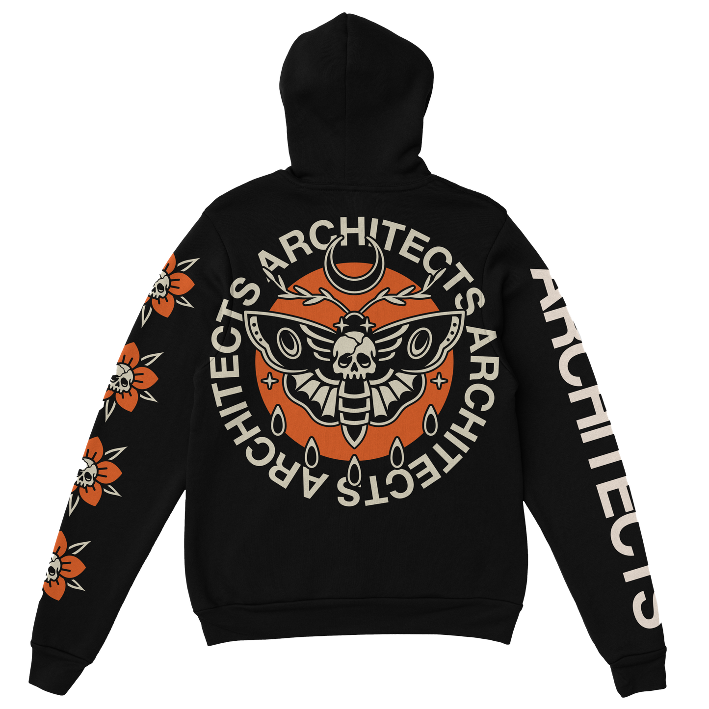 Black unisex hoodie with Architects moth print across the back, Architects text print along the right sleeve, and Architects flower skull print along the left sleeve