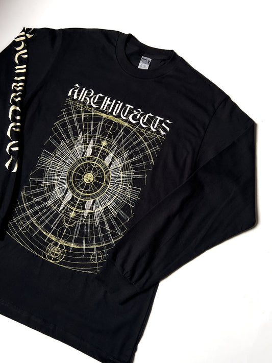 Black Long-sleeve unisex t-shirt with Sacred Geometry print across the front, and Architects logo print across the sleeve