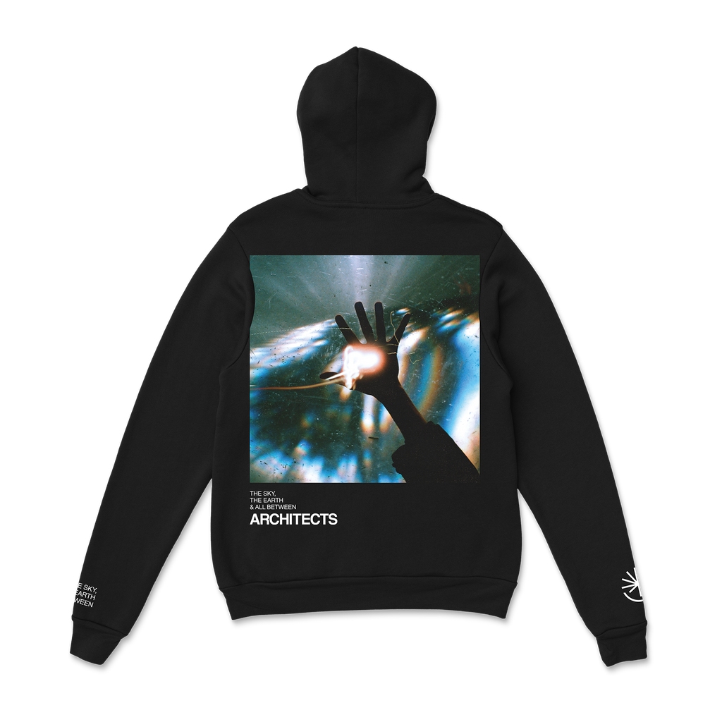 Black unisex pullover hoodie with Architects The Sky, the Earth and All Between album art print across the back.