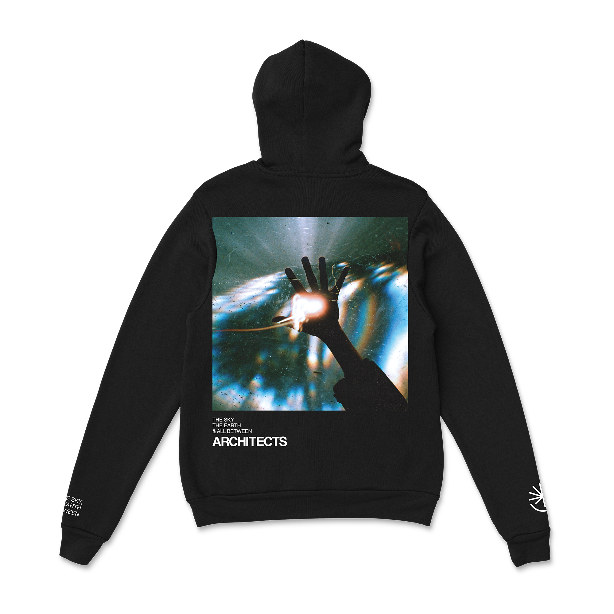 Black unisex pullover hoodie with Architects The Sky, the Earth and All Between album art print across the back.