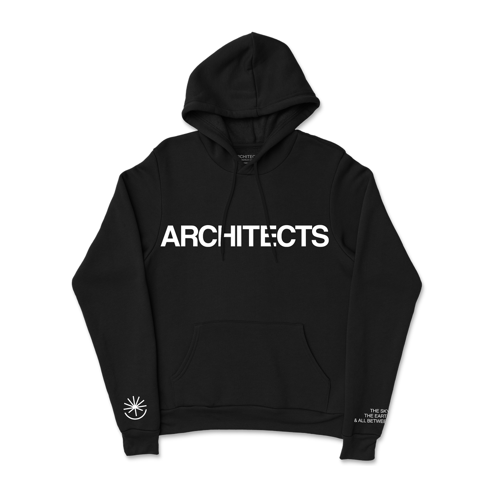 Black unisex pullover hoodie with Architects logo print across the front