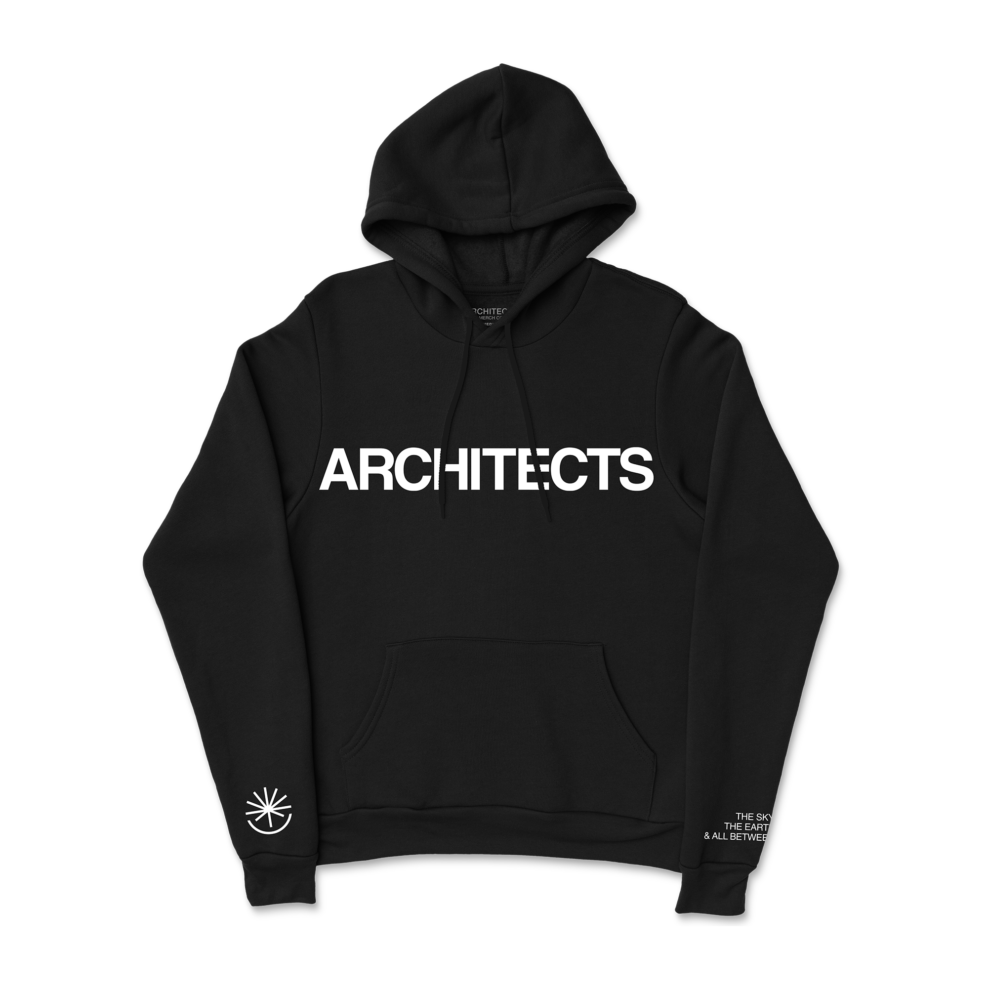 Black unisex pullover hoodie with Architects logo print across the front