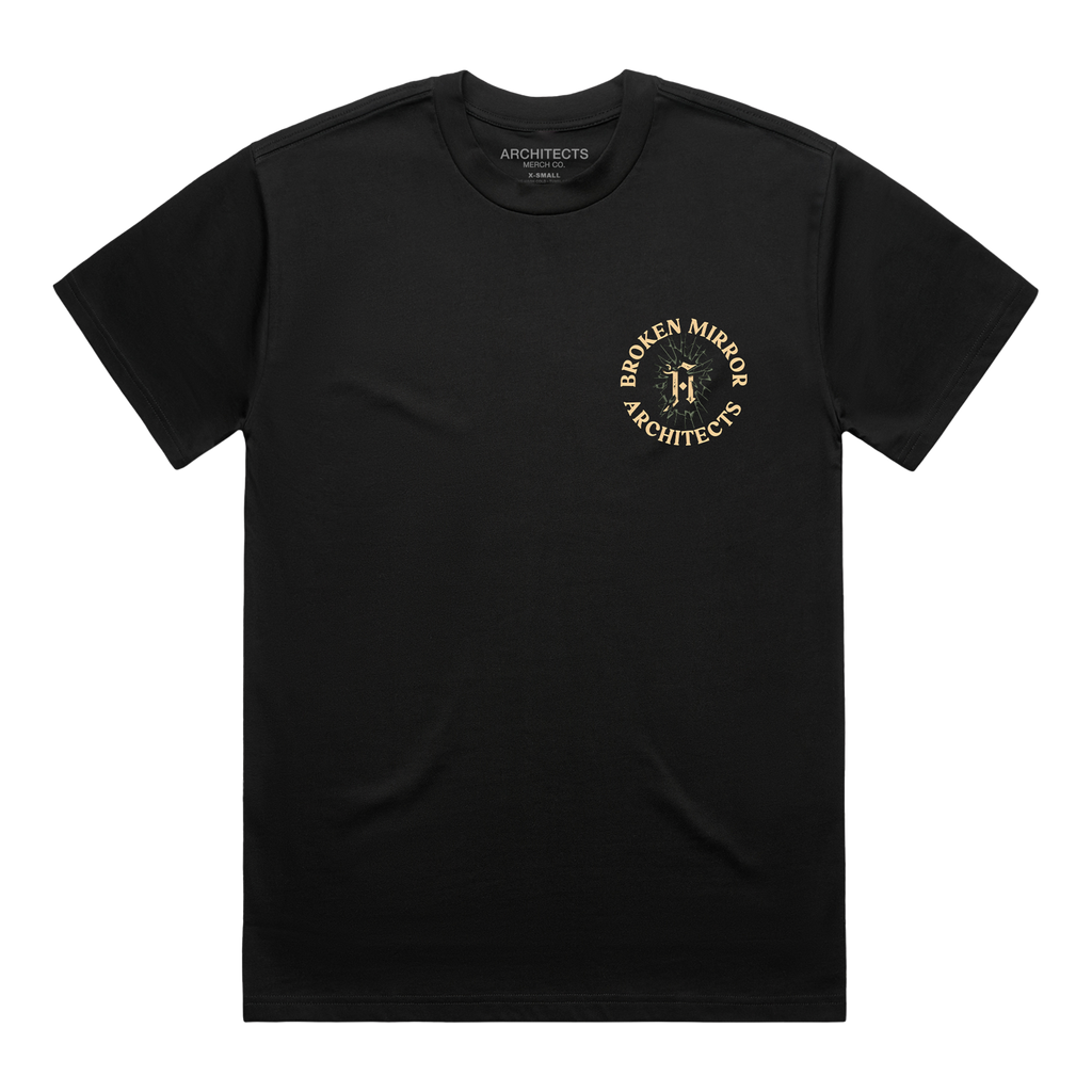Black T-shirt with a round ‘Broken Mirror Architect’ logo across the right-hand side of the chest.