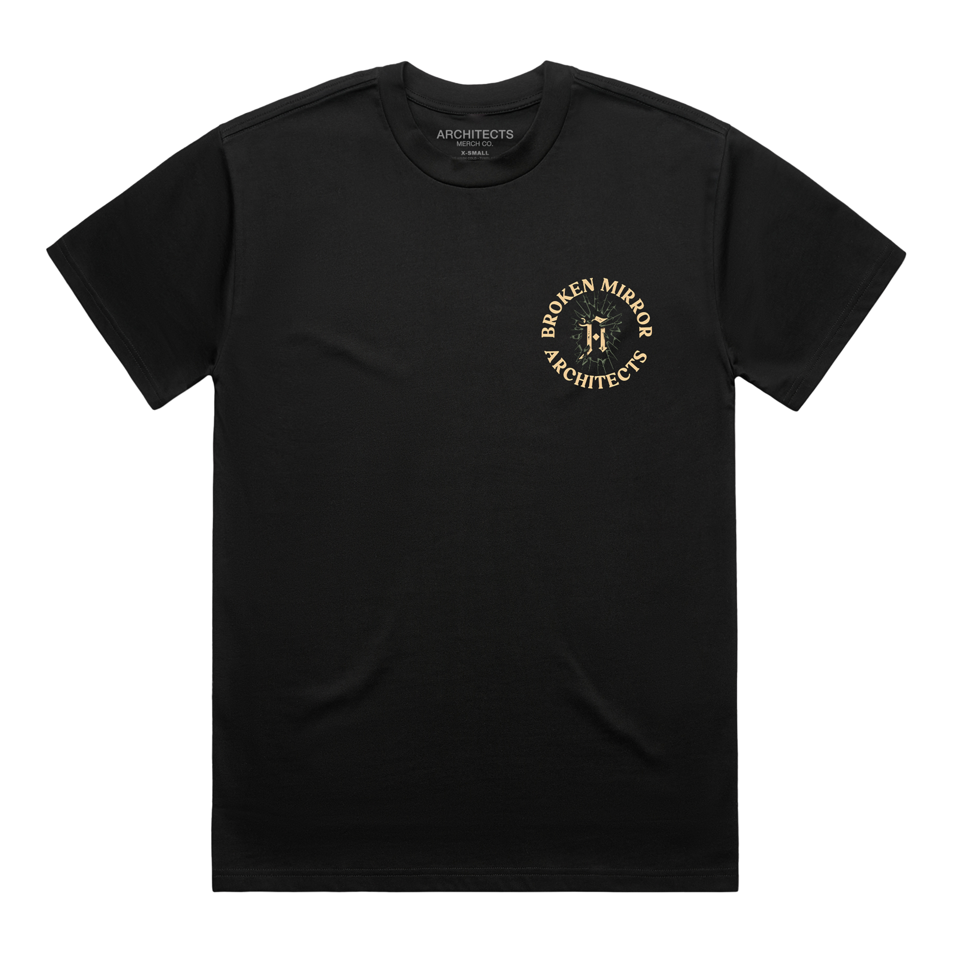 Black T-shirt with a round ‘Broken Mirror Architect’ logo across the right-hand side of the chest.