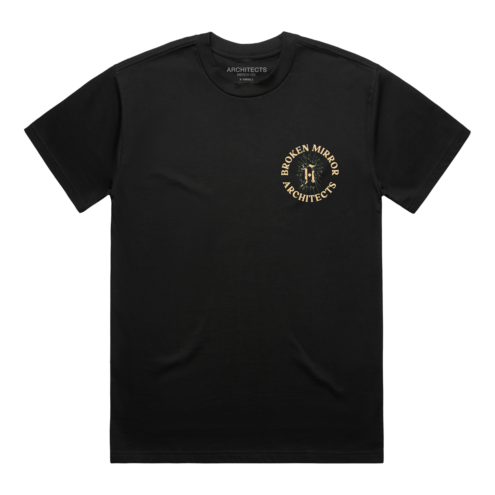 Black T-shirt with a round ‘Broken Mirror Architect’ logo across the right-hand side of the chest.