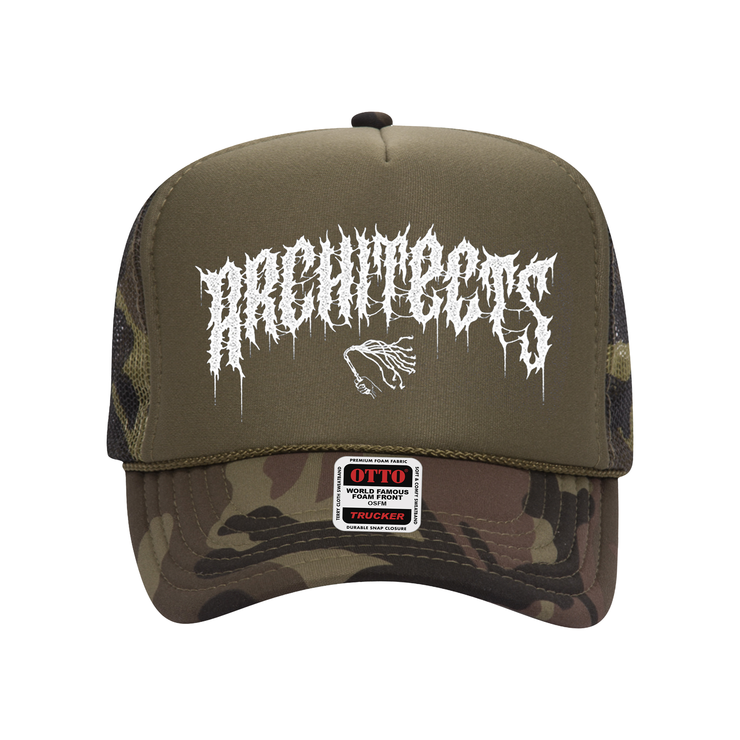 Camo cap with white Architects text print across the front