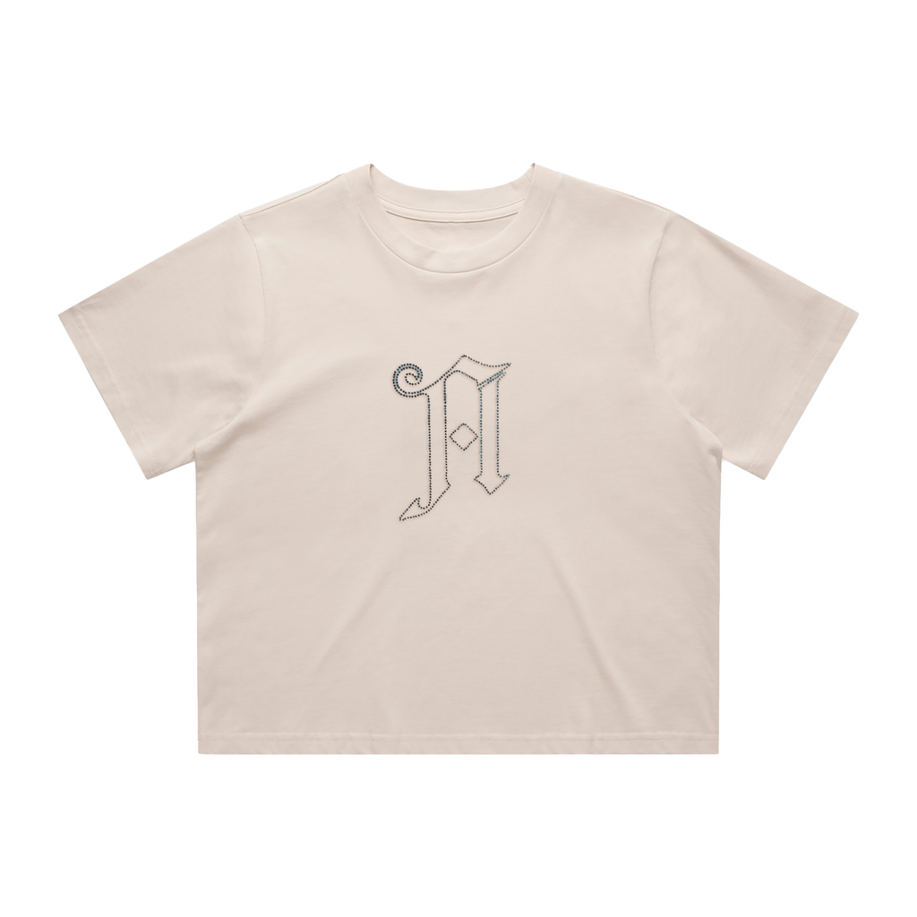 White cropped t-shirt with a Diamond A across the front