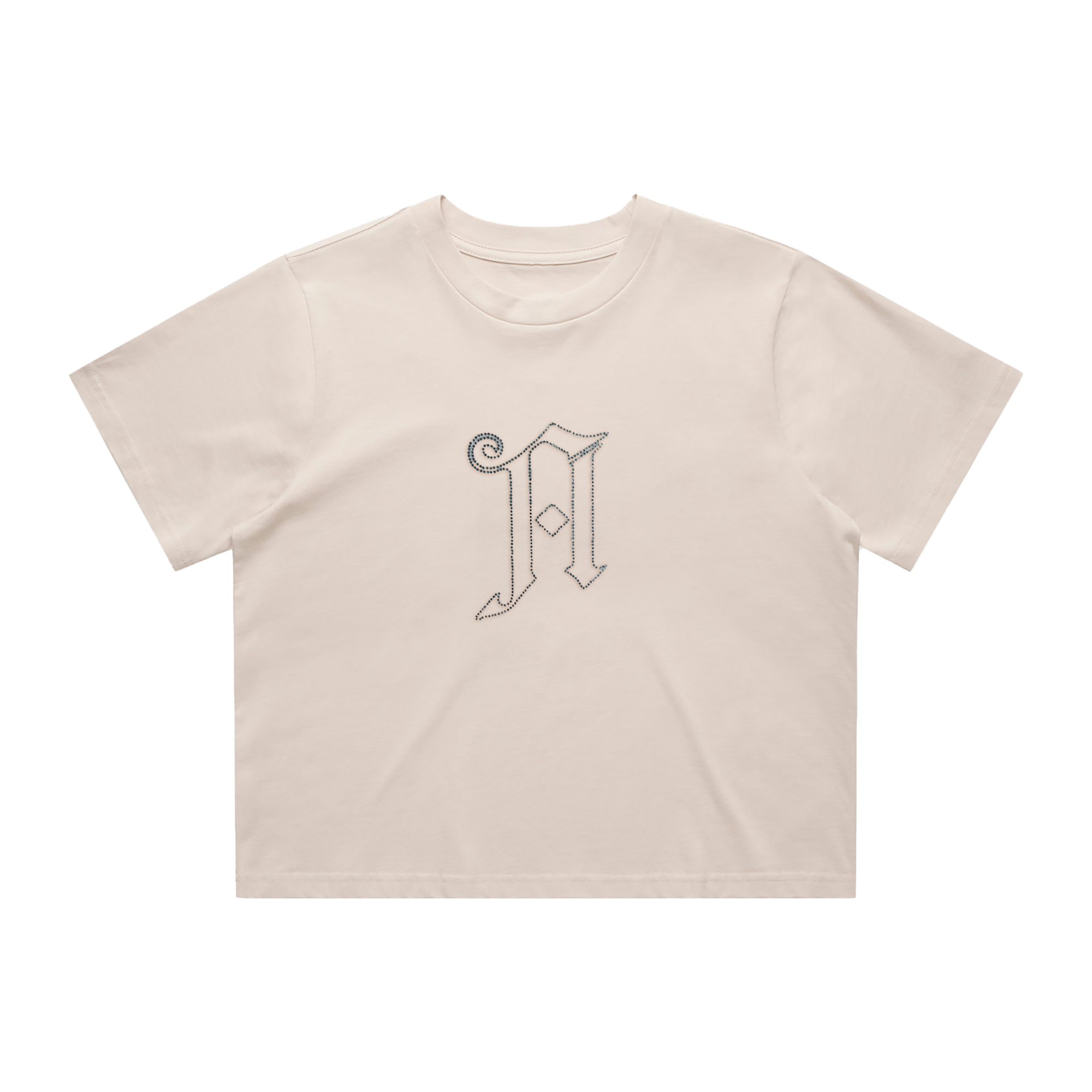 White cropped t-shirt with a Diamond A across the front