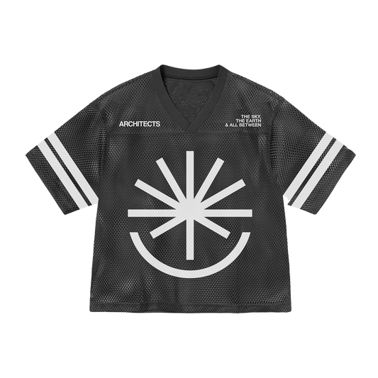 Black hockey jersey with white 'The Sky, The Earth and All Between' logo across the front