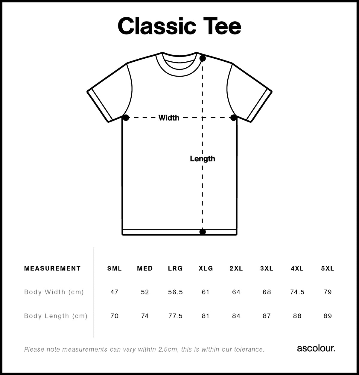 ASColour Classic Tee - Size Guide (CM)