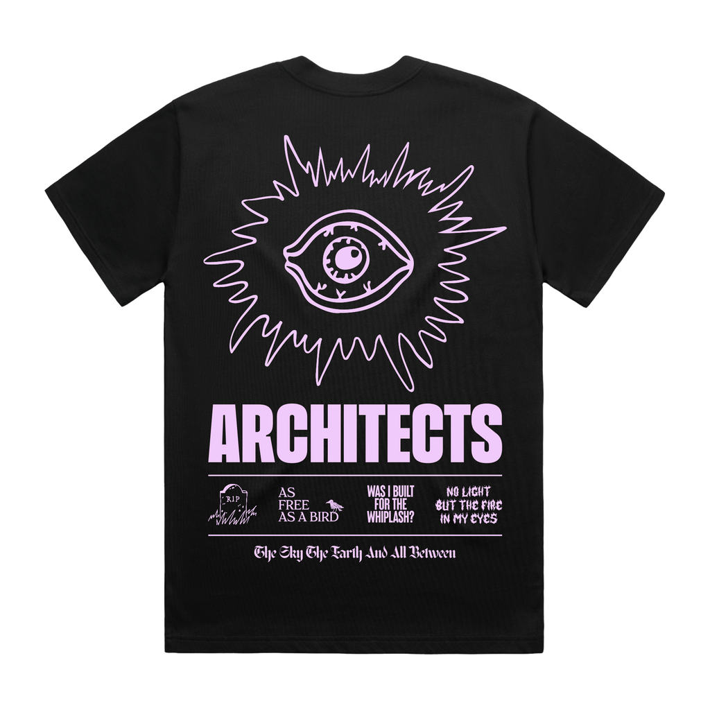 Black short-sleeve unisex regular fit T-shirt with pink Architects eye print across the back