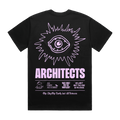 Black short-sleeve unisex regular fit T-shirt with pink Architects eye print across the back