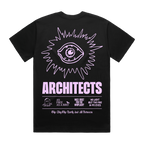 Black short-sleeve unisex regular fit T-shirt with pink Architects eye print across the back