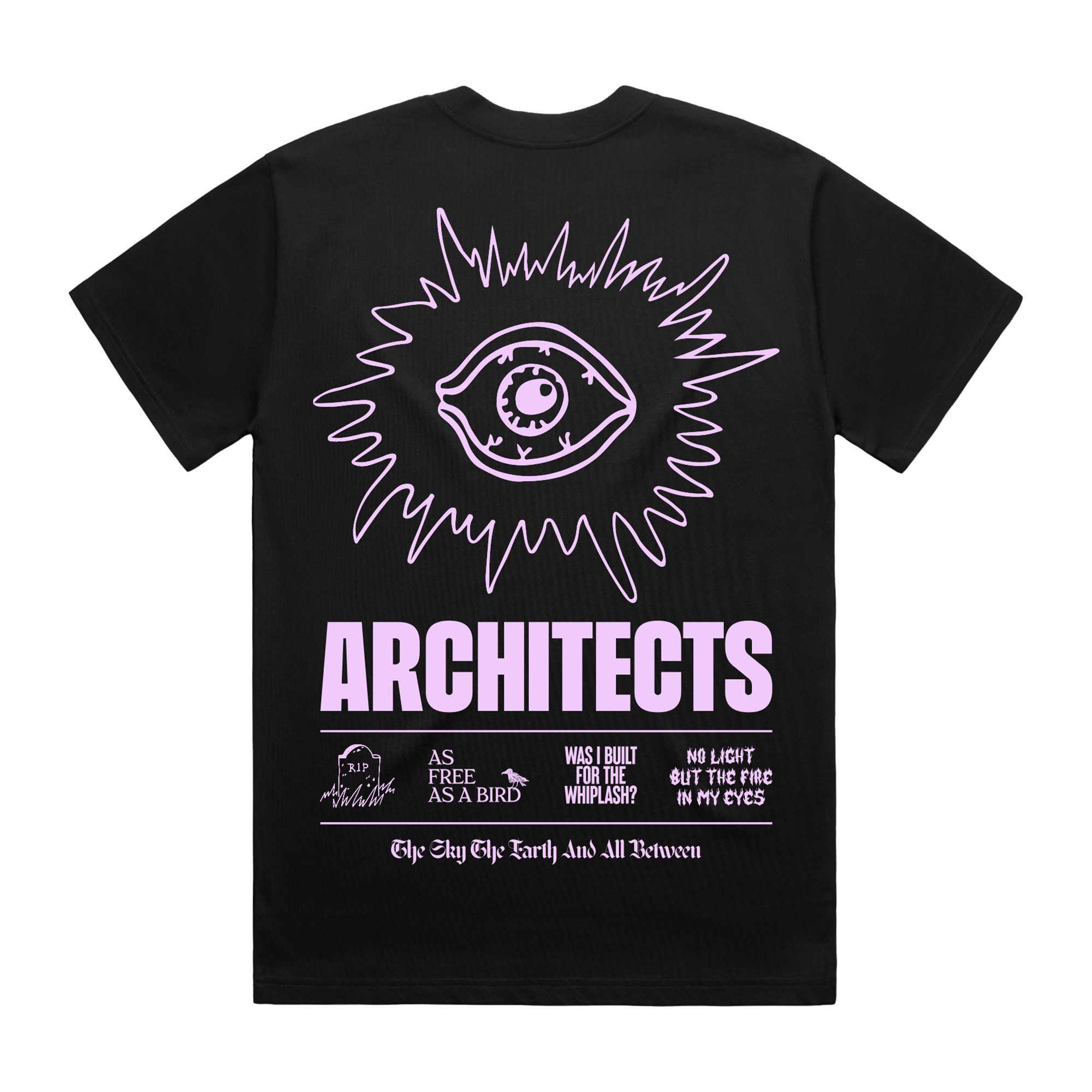 Black short-sleeve unisex regular fit T-shirt with pink Architects eye print across the back