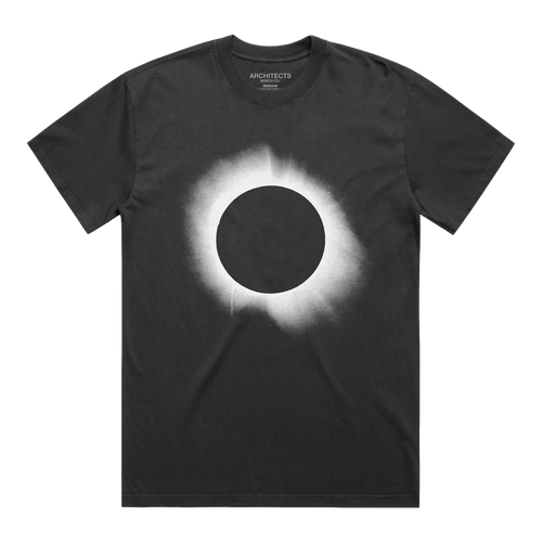 Front view of a short-sleeve relaxed fir vintage Gray t-shirt with a solar eclipse from the artwork of All our Gods Have Abandoned us printed across the front