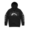 Front view of a black hoodie featuring a small white ‘Architects’ print at the top, with larger ‘AOGHAU’ text below. The letters have white outlines and contain a solar eclipse image inspired by the artwork from Architects’ All Our Gods Have Abandoned Us. A very small ‘All Our Gods Have Abandoned Us’ text is printed underneath. Both sleeves feature ‘Architects’ text running along them