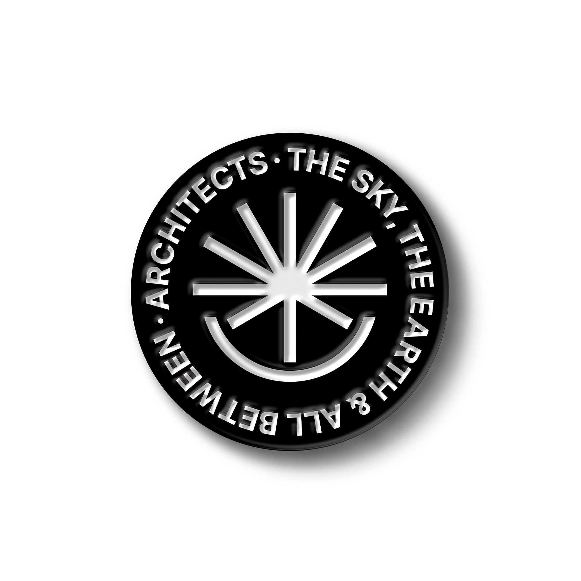 Black pin with white Architects "The Sky, The Earth & All Between" design