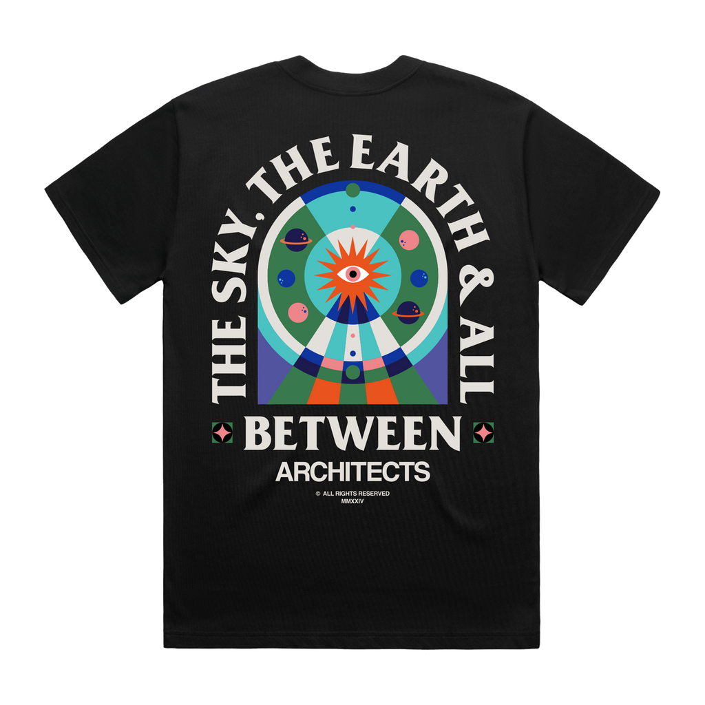 Black short-sleeve unisex regular fit T-shirt featuring an Architects The Sky, The Earth & All Between print across the back.