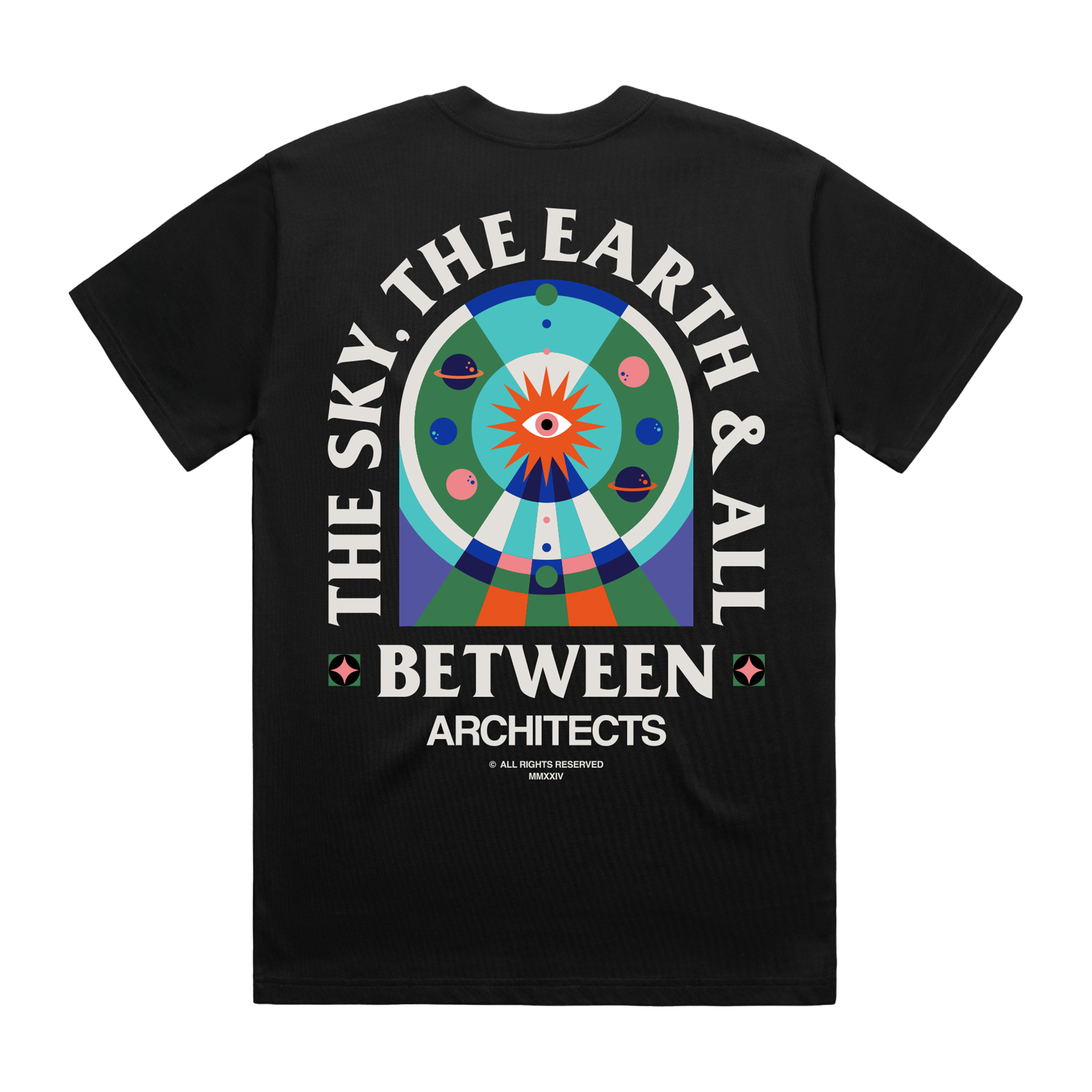 Black short-sleeve unisex regular fit T-shirt featuring an Architects The Sky, The Earth & All Between print across the back.