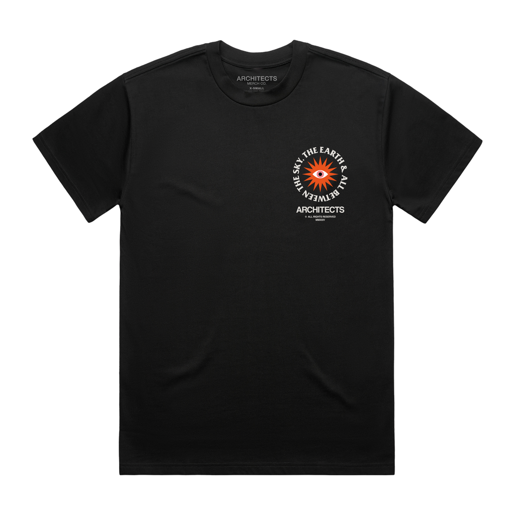 Black short-sleeve unisex regular fit T-shirt with an Architects 'The Sky, The Earth & All Between' print on the front right chest.