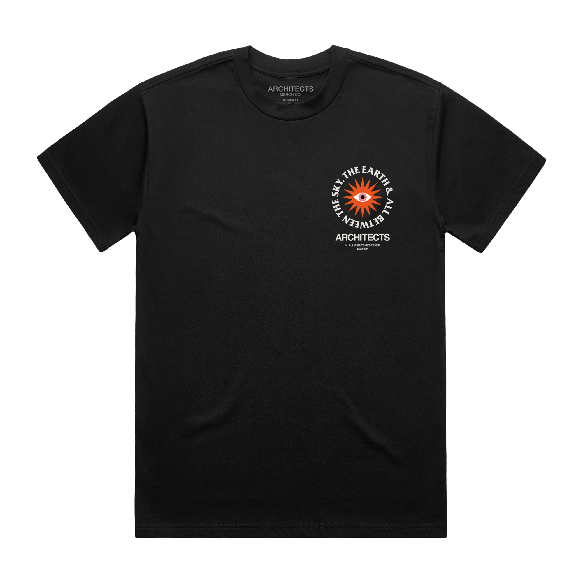 Black short-sleeve unisex regular fit T-shirt with an Architects 'The Sky, The Earth & All Between' print on the front right chest.