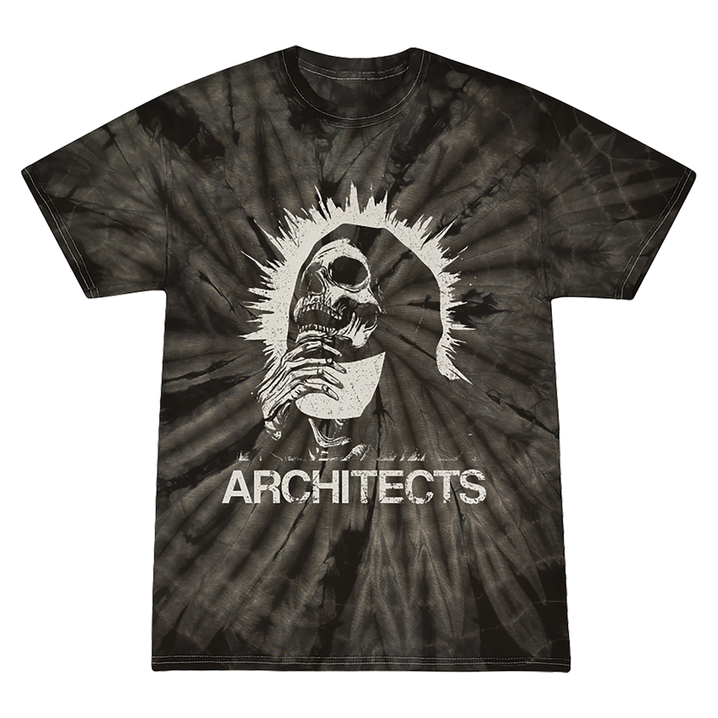 Short sleeve tie-dye t-shirt with a skull design and 'Architects' text across the front.
