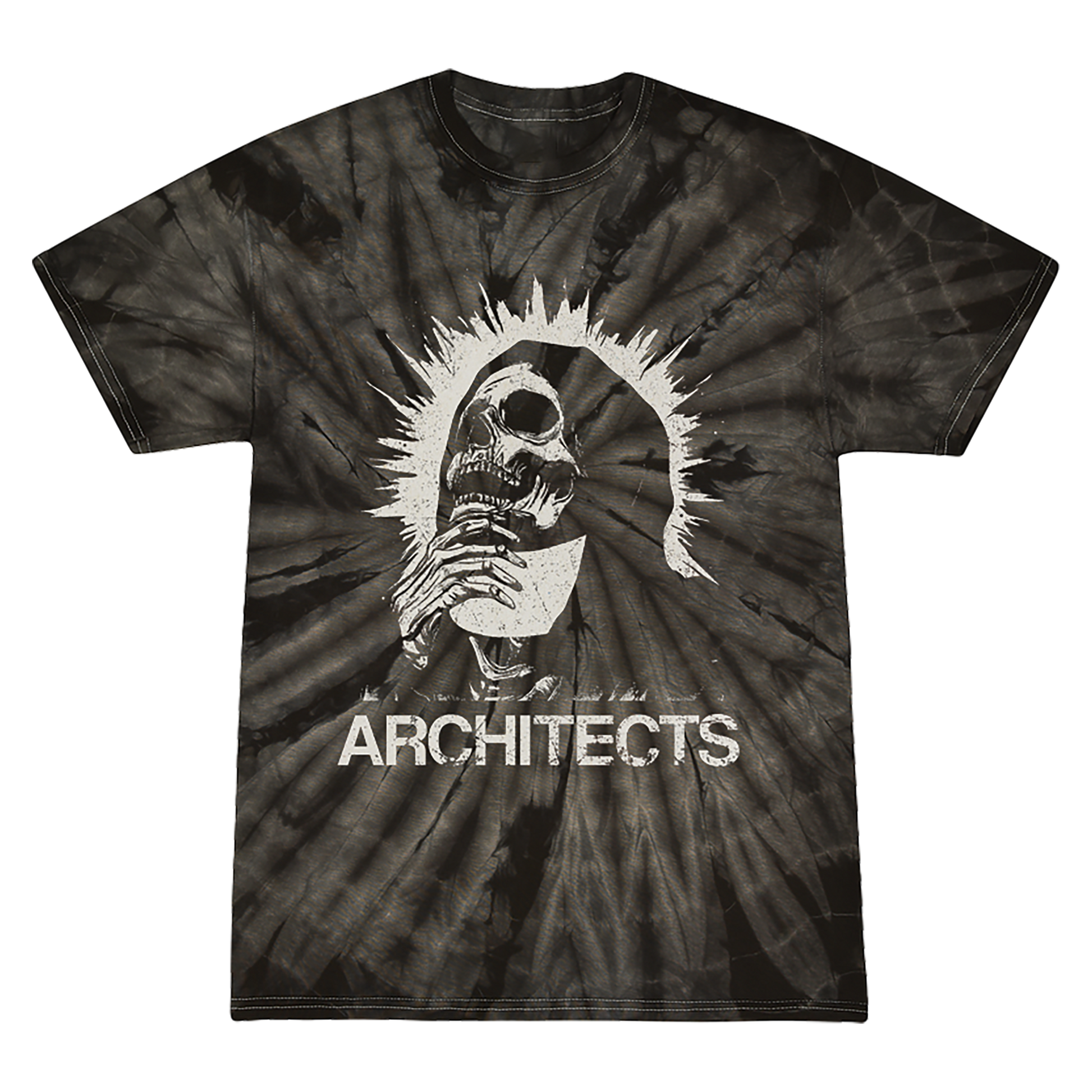 Short sleeve tie-dye t-shirt with a skull design and 'Architects' text across the front.