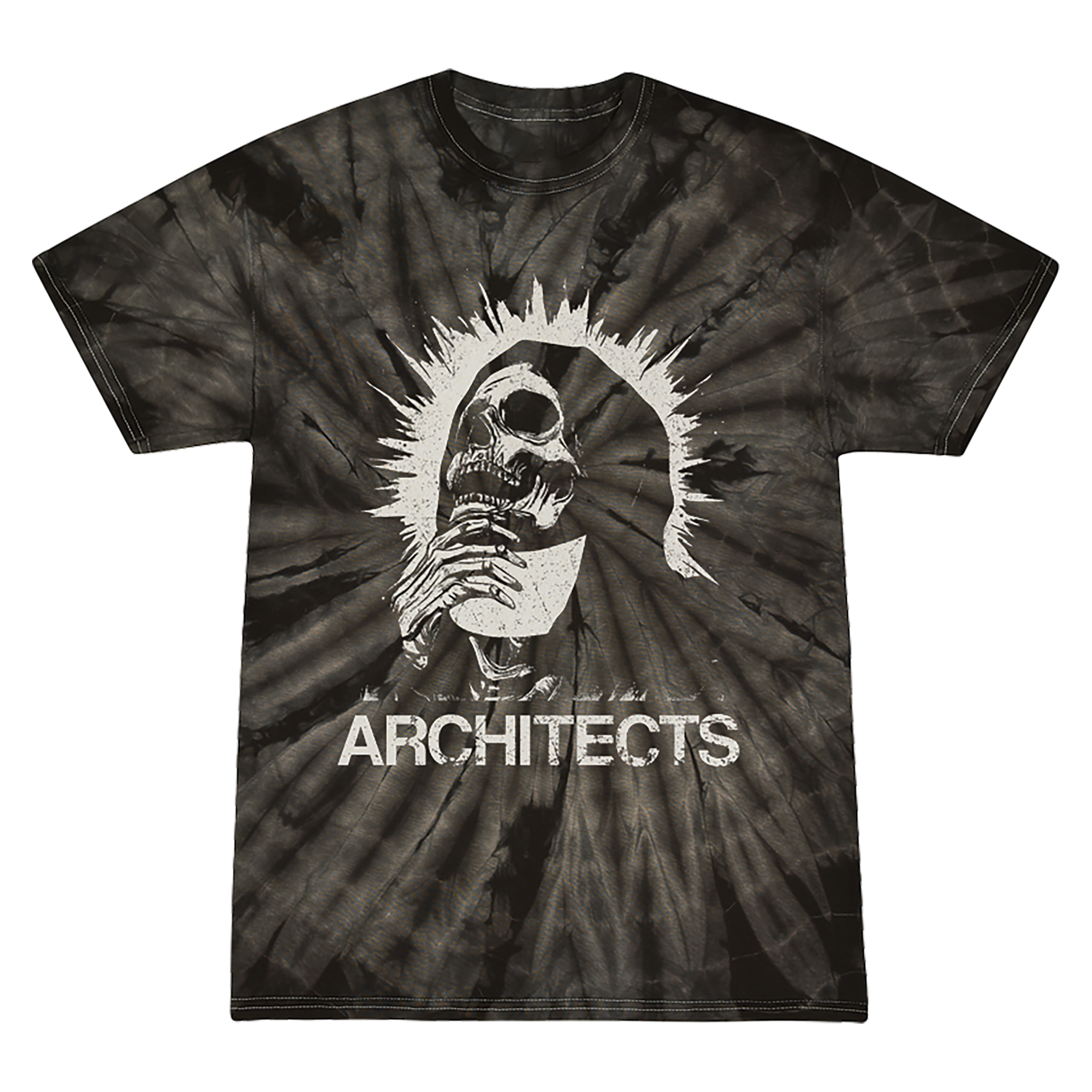 Short sleeve tie-dye t-shirt with a skull design and 'Architects' text across the front.