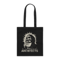Black tote bag with a graphic skeleton design and 'ARCHITECTS' text.
