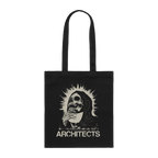 Black tote bag with a graphic skeleton design and 'ARCHITECTS' text.