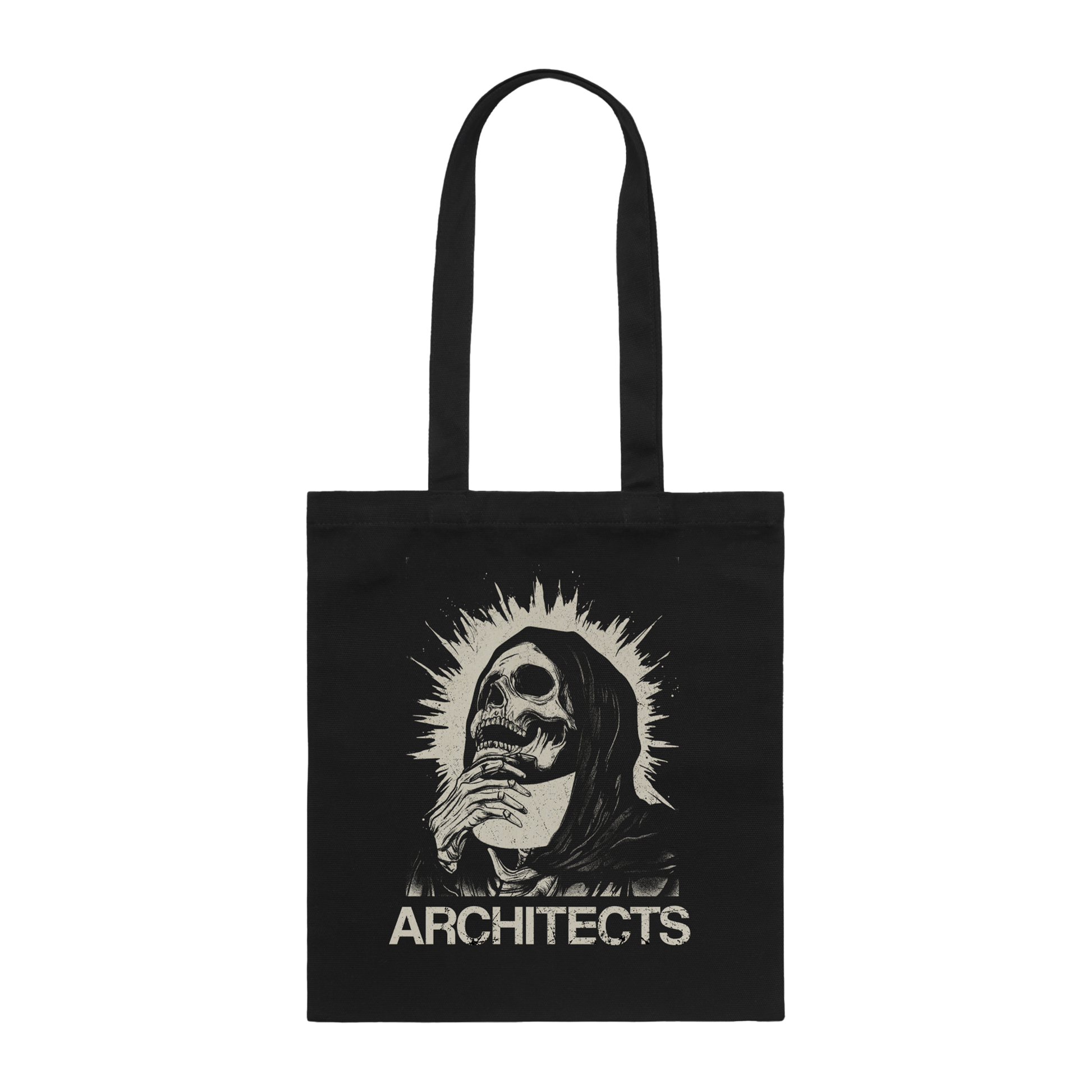 Black tote bag with a graphic skeleton design and 'ARCHITECTS' text.