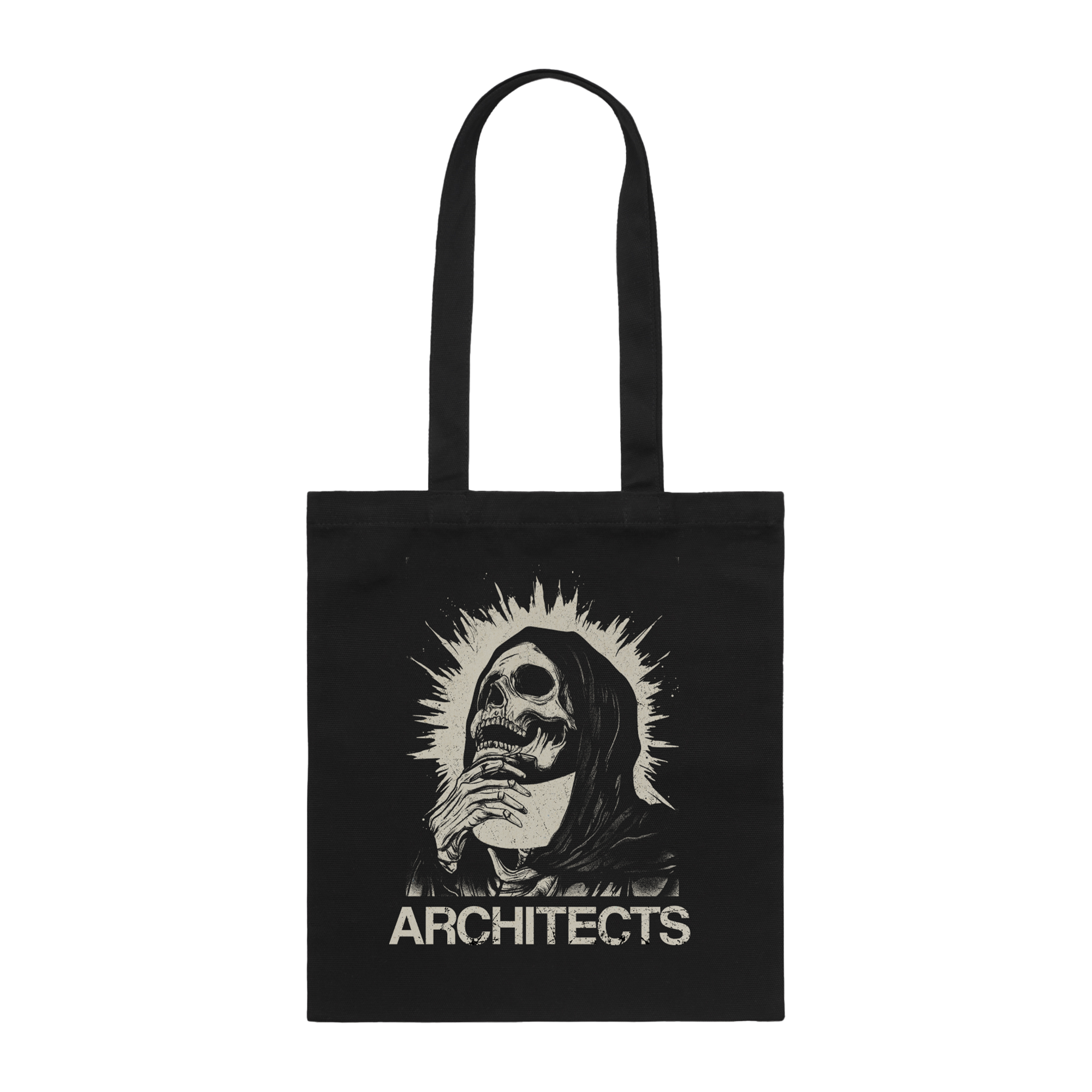 Black tote bag with a graphic skeleton design and 'ARCHITECTS' text.