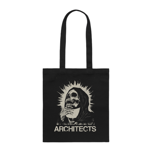Black tote bag with a graphic skeleton design and 'ARCHITECTS' text.