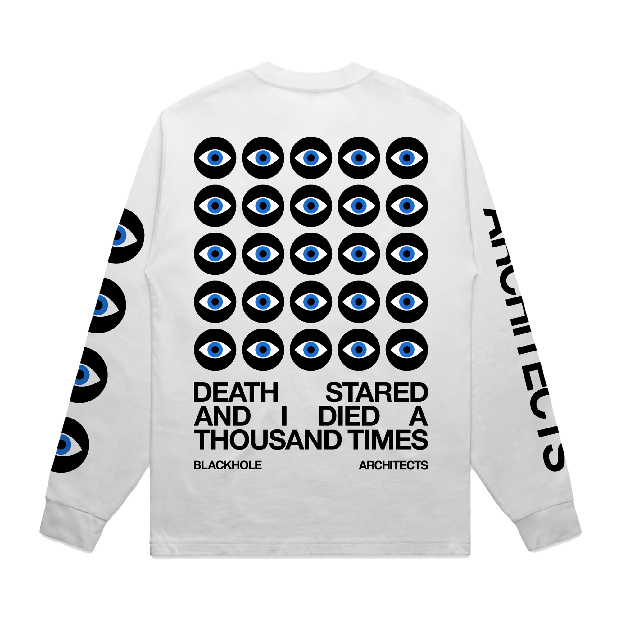 White long-sleeve unisex regular fit T-shirt with Architects Blackhole eye print across the back, Architects text along the right sleeve, and eye print along the left sleeve.