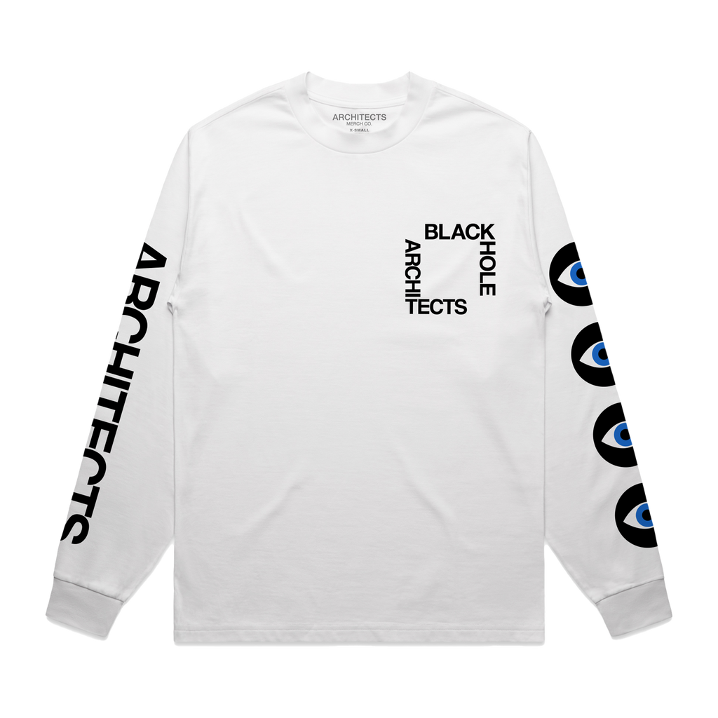 White long-sleeve unisex regular fit T-shirt with Architects Blackhole print on the front right chest, Architects text along the right sleeve, and eye print along the left sleeve.