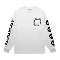 White long-sleeve unisex regular fit T-shirt with Architects Blackhole print on the front right chest, Architects text along the right sleeve, and eye print along the left sleeve.