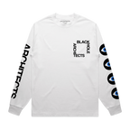 White long-sleeve unisex regular fit T-shirt with Architects Blackhole print on the front right chest, Architects text along the right sleeve, and eye print along the left sleeve.
