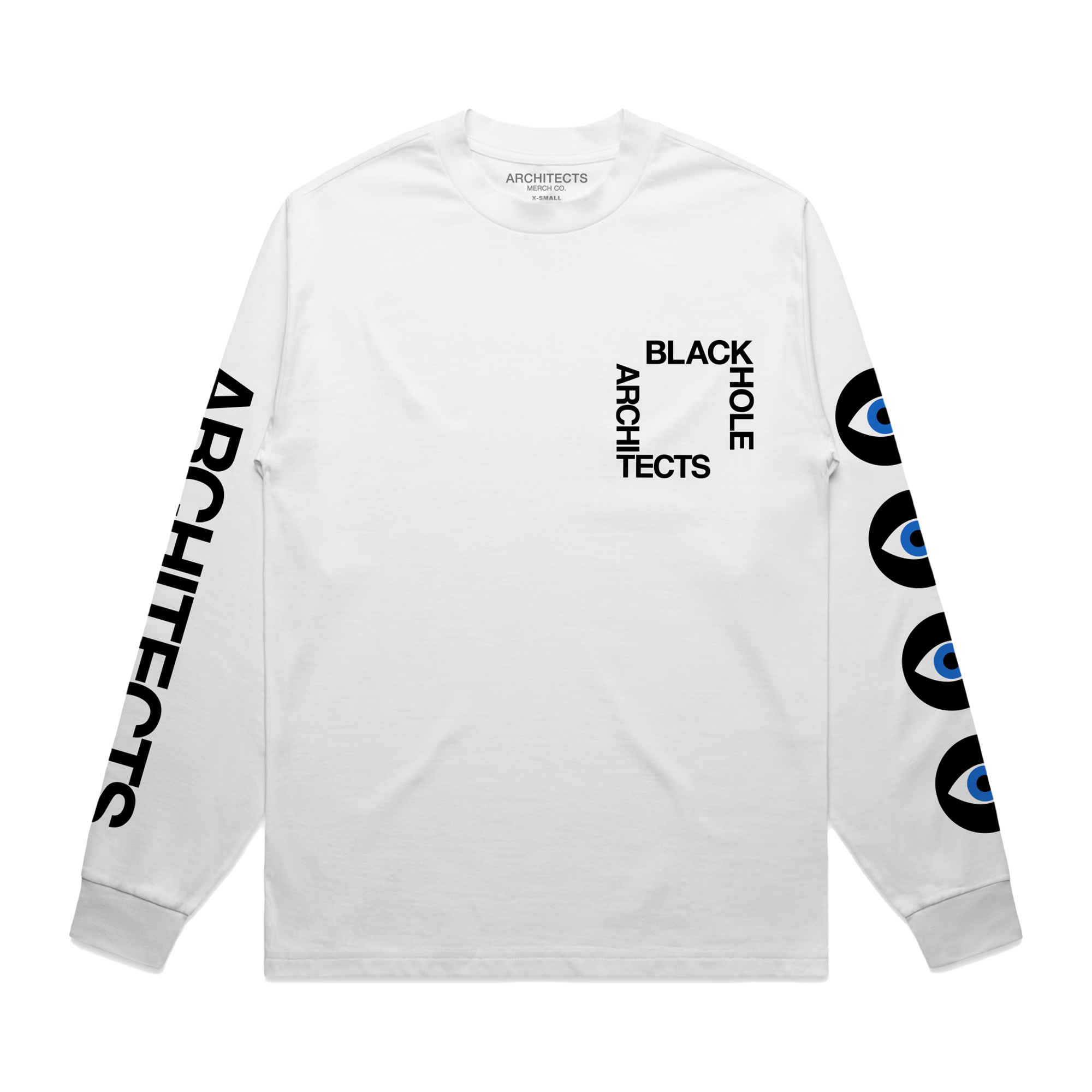 White long-sleeve unisex regular fit T-shirt with Architects Blackhole print on the front right chest, Architects text along the right sleeve, and eye print along the left sleeve.