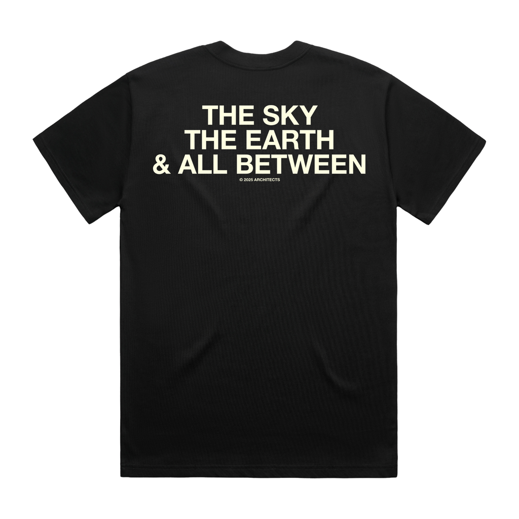 Black short-sleeve unisex regular fit T-shirt featuring Architects The Sky, the Earth & All Between text print across the back.