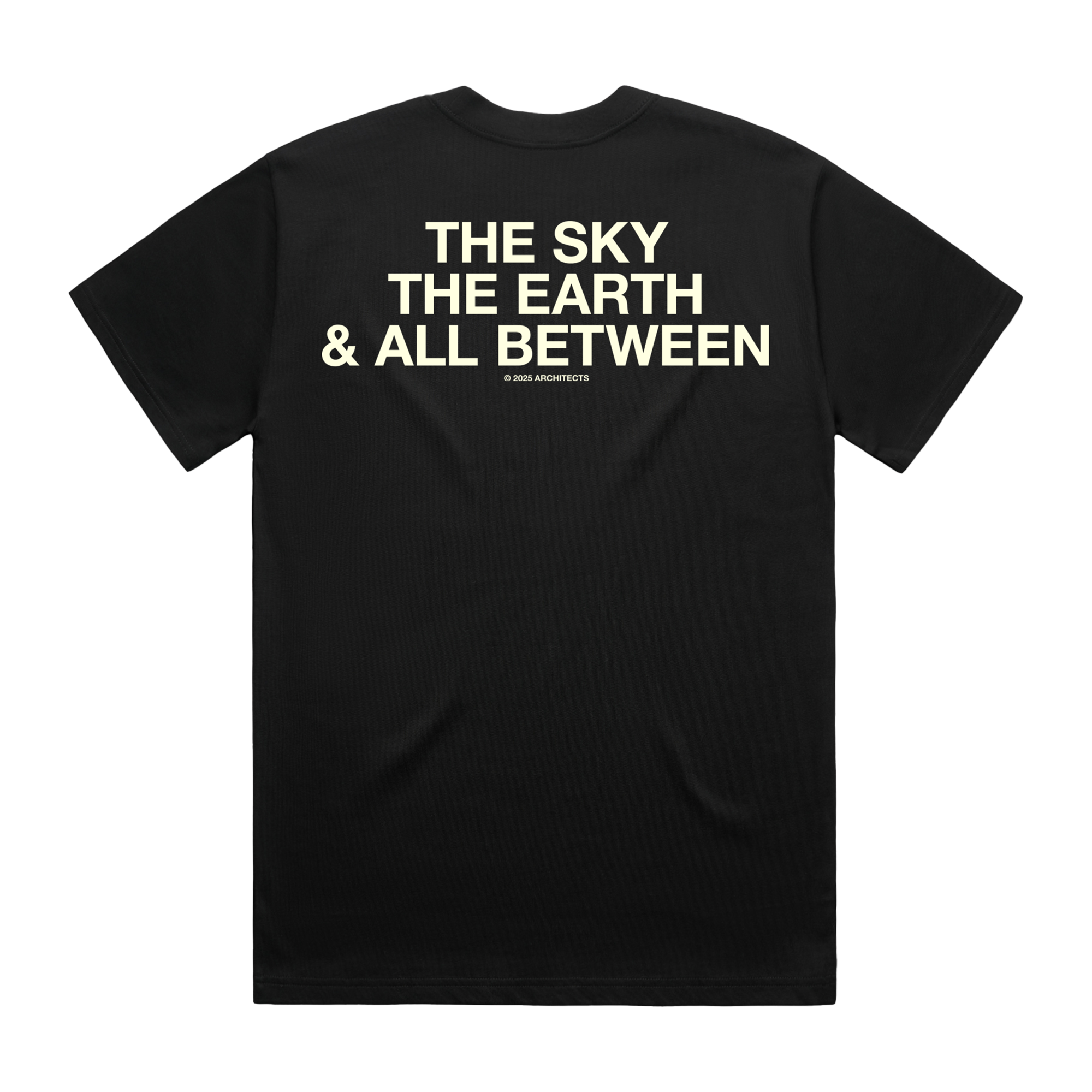 Black short-sleeve unisex regular fit T-shirt featuring Architects The Sky, the Earth & All Between text print across the back.