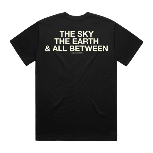 Black short-sleeve unisex regular fit T-shirt featuring Architects The Sky, the Earth & All Between text print across the back.