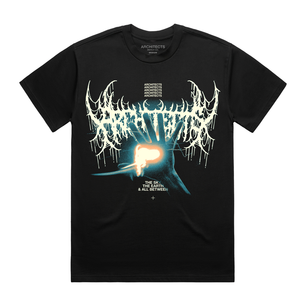 Black short-sleeve unisex regular fit T-shirt featuring the Architects Glow print across the front.