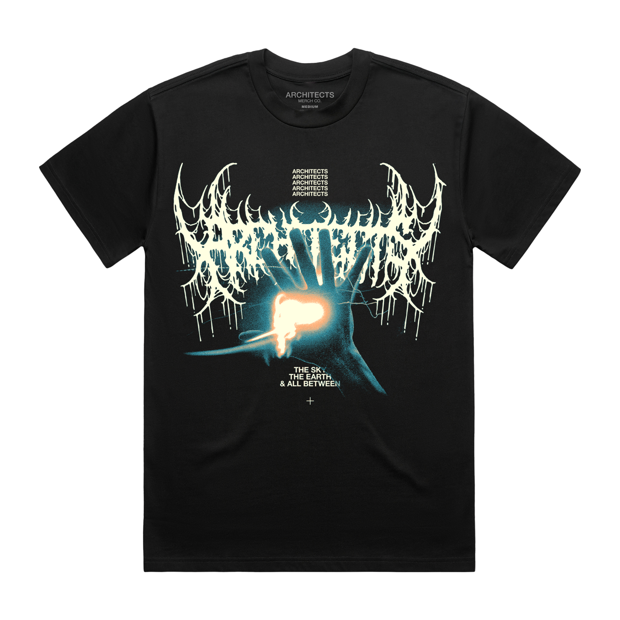 Black short-sleeve unisex regular fit T-shirt featuring the Architects Glow print across the front.