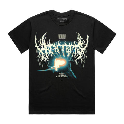 Black short-sleeve unisex regular fit T-shirt featuring the Architects Glow print across the front.