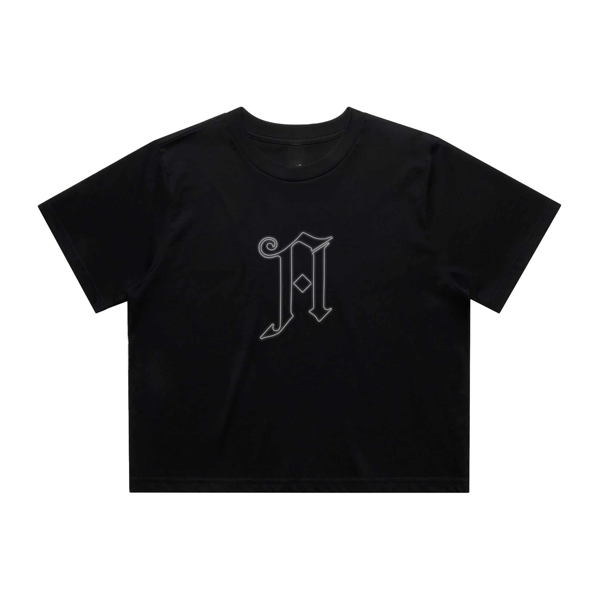 Black unisex short-sleeve crop top with Architects 'A across the front