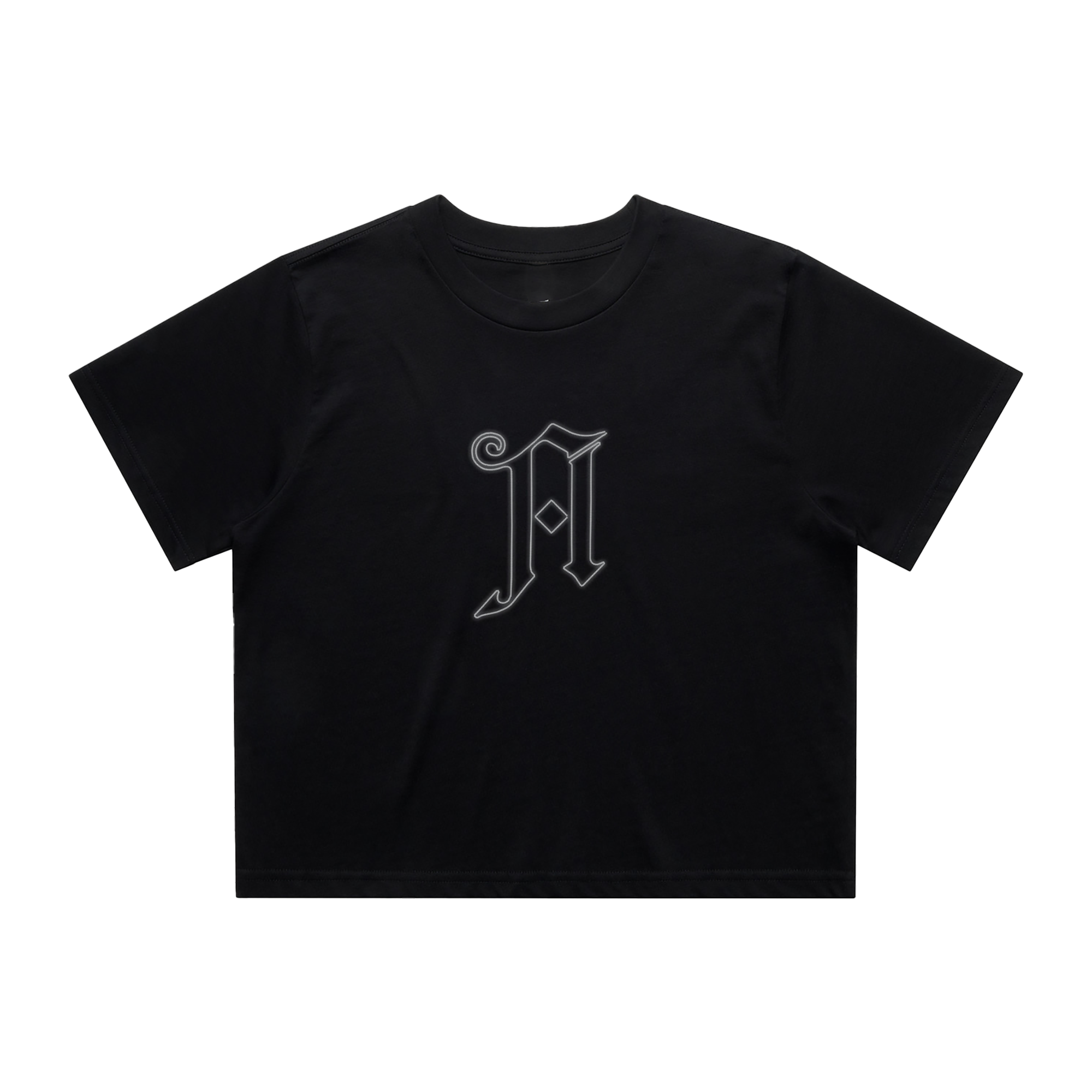 Black unisex short-sleeve crop top with Architects 'A across the front