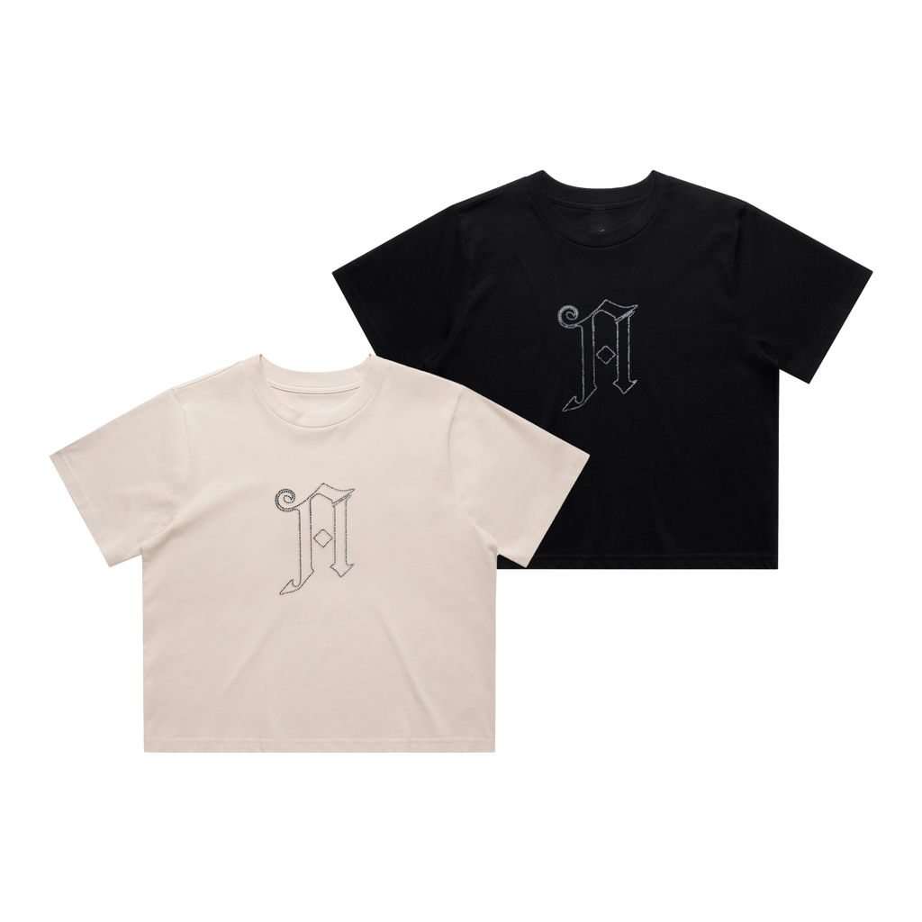 Two t-shirts, one black and one white, with an Architects Diamond A logo